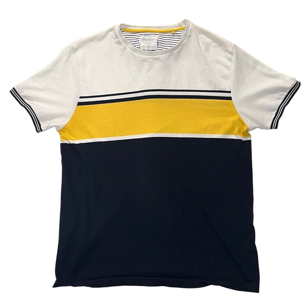 Cactus Man Ricky Singh Mens XL Colorblock Waffle Knit T-Shirt Navy Yellow White